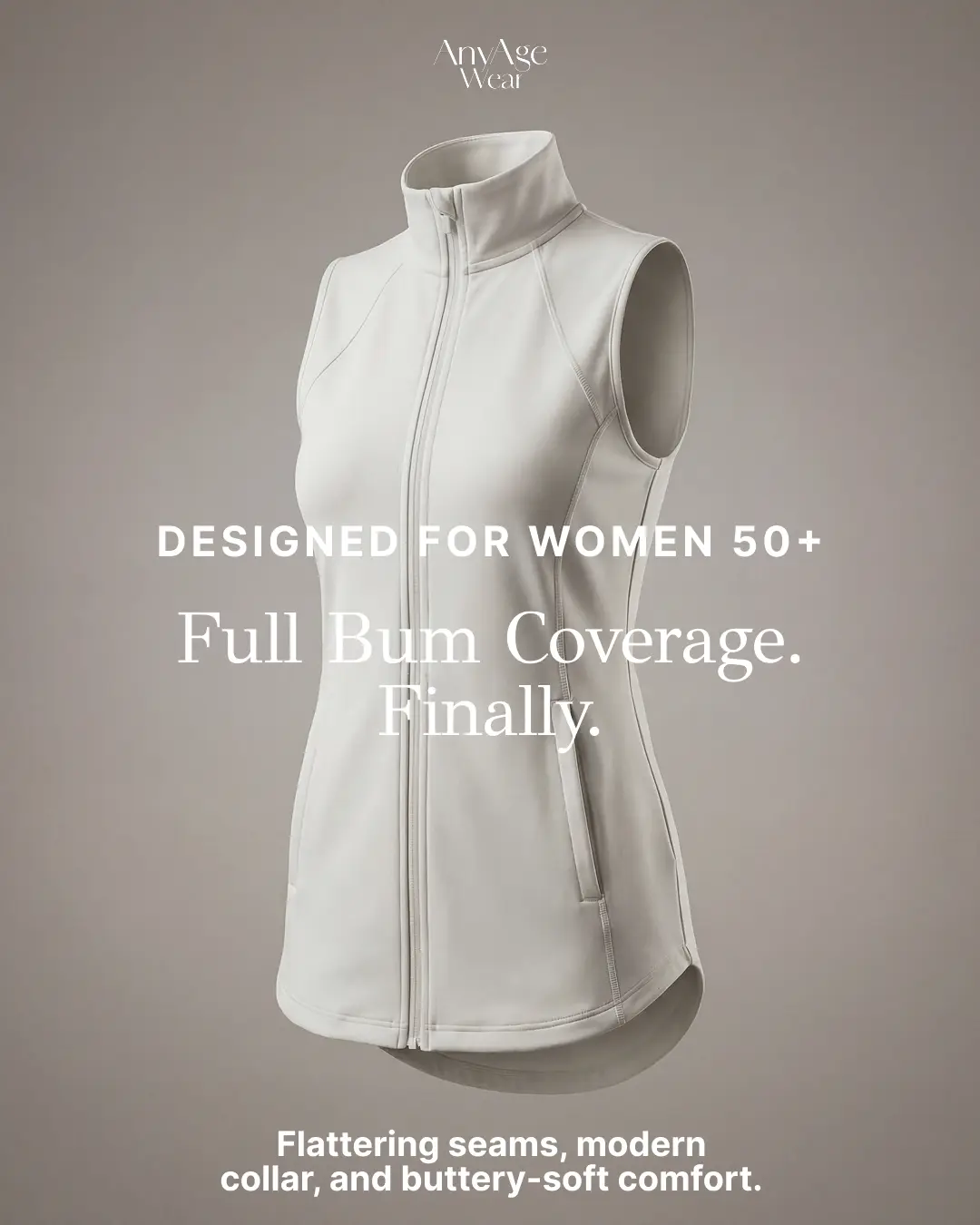 Apparel ad — long vest lifestyle composition